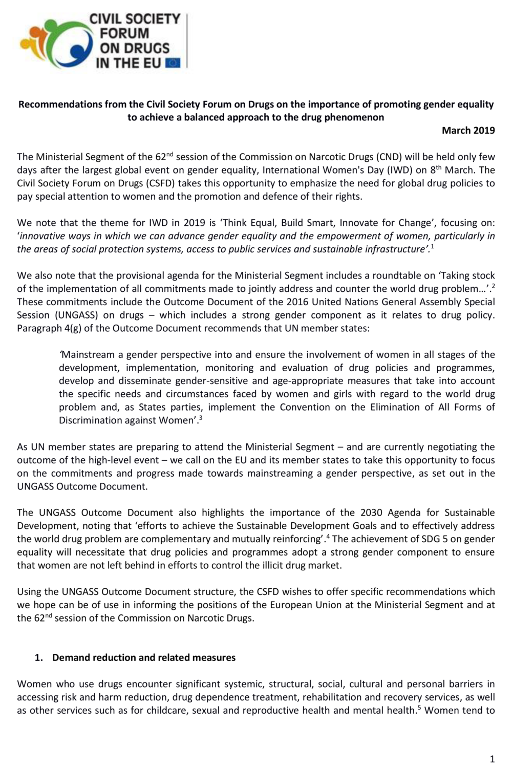 Recommendations From The Civil Society Forum on Drugs on The Importance of Promoting Gender Equality to Achieve a Balanced Approach To The Drug Phenomenon