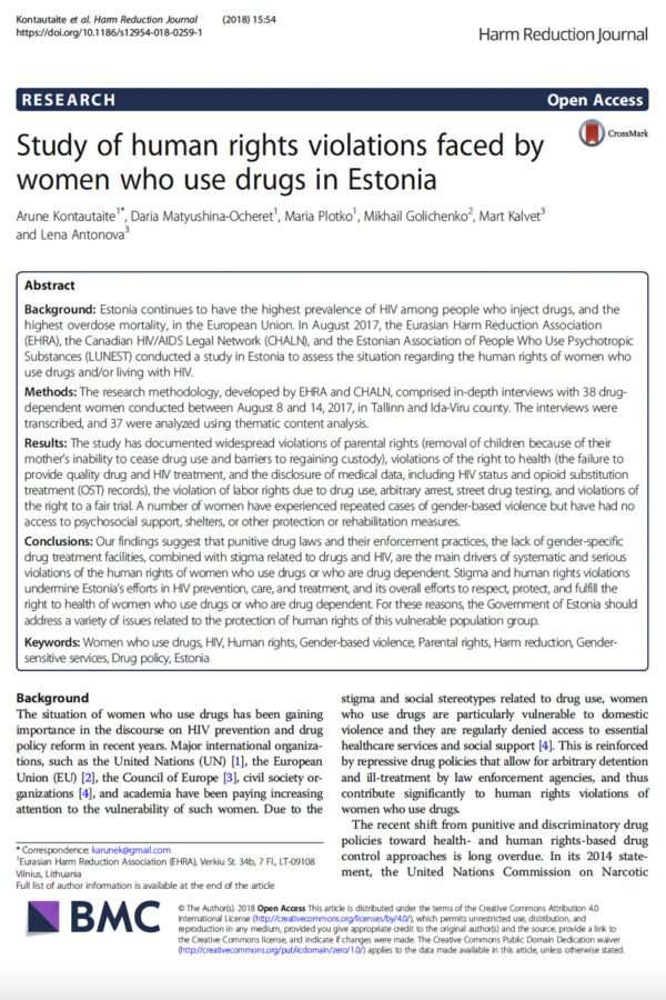 Human Rights Violations in Estonia: Violations Faced by Women Who Use Drugs in Tallinn and Ida-Viru County