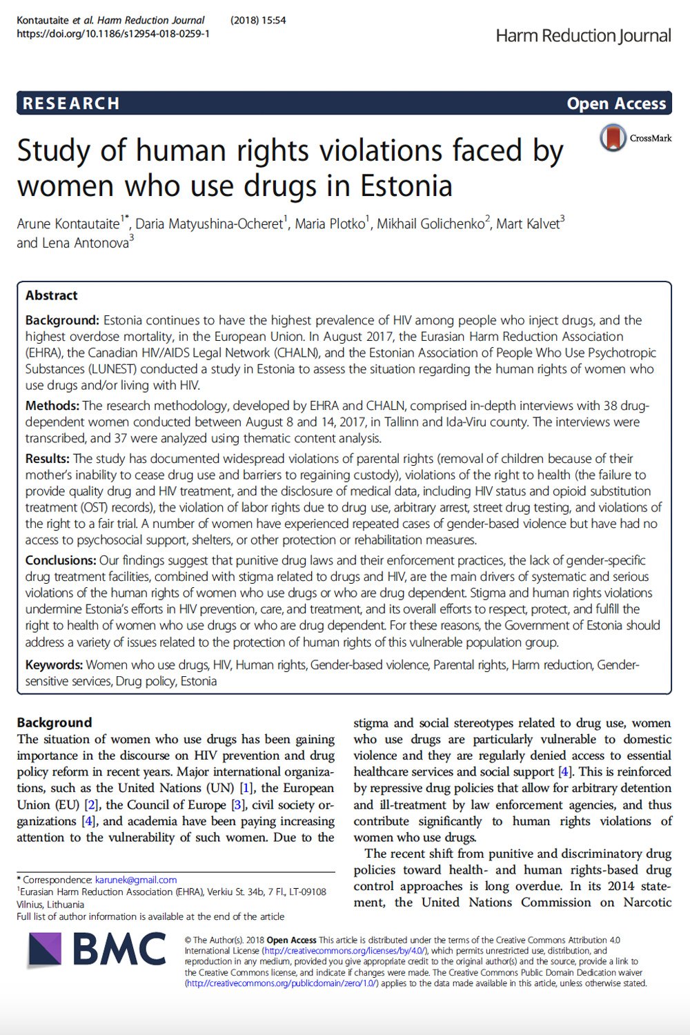 Human Rights Violations in Estonia: Violations Faced by Women Who Use Drugs in Tallinn and Ida-Viru County