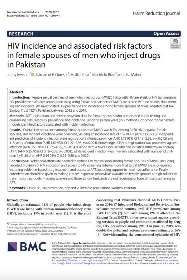 HIV Infection Among Men Who Inject Drugs and Their Female Spouses In Pakistan.