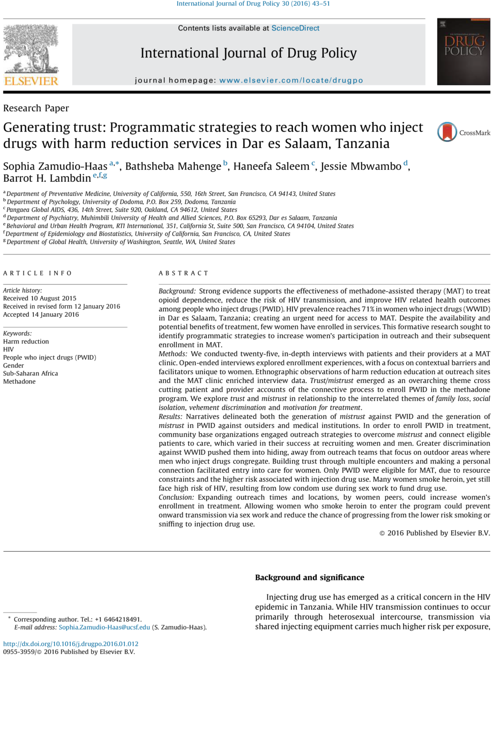 Generating trust: Programmatic strategies to reach women who inject drugs with harm reduction services in Dar es Salaam, Tanzania