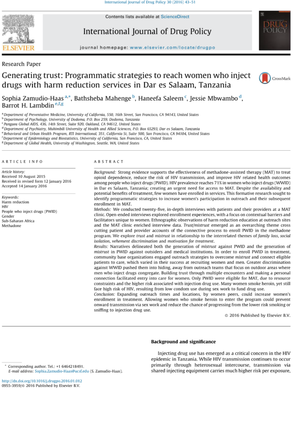 Generating trust: Programmatic strategies to reach women who inject drugs with harm reduction services in Dar es Salaam, Tanzania