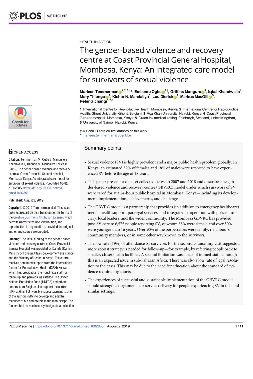 The Gendered-based Violence and Recovery Centre at Coast Provincial General Hospital, Mombasa, Kenya: an Integrated Care Model for Survivors of Sexual Violence