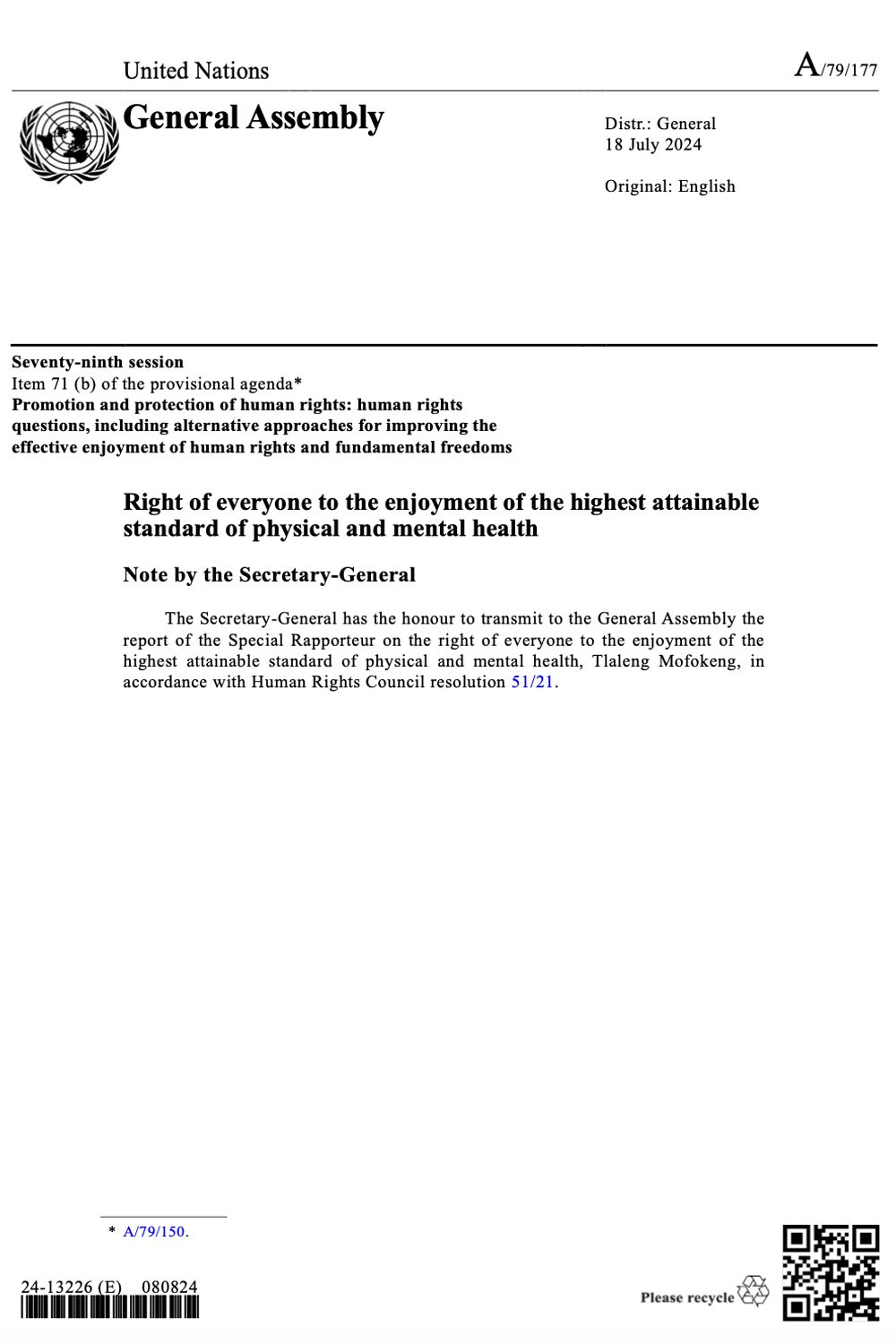 Report of the Special Rapporteur on the right of everyone to the enjoyment of the highest attainable standard of physical and mental health – Harm reduction for sustainable peace and development