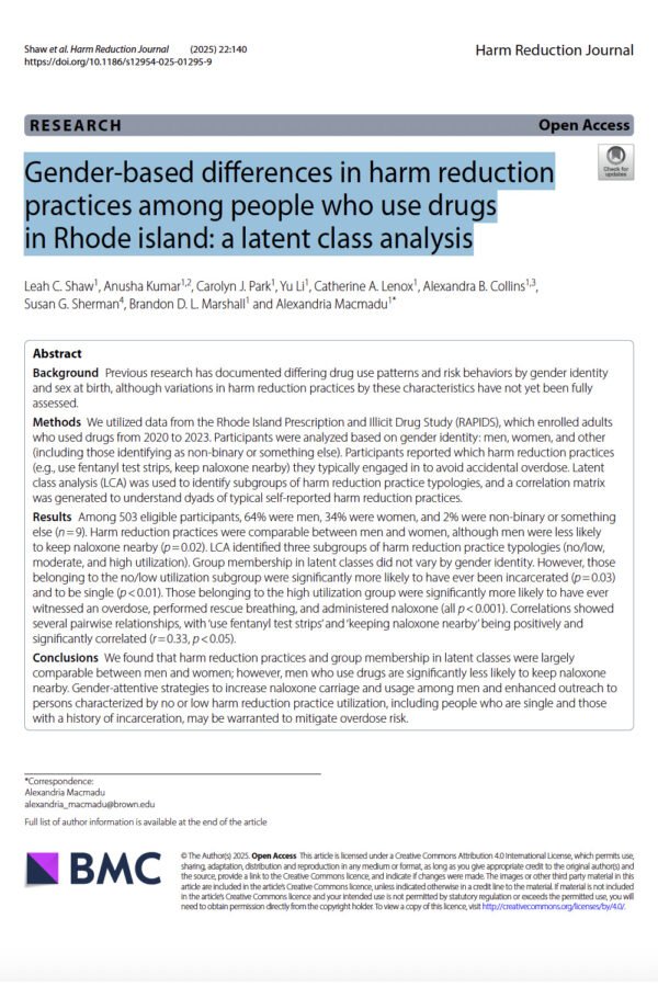Gender-based differences in harm reduction practices among people who use drugs in Rhode island: a latent class analysis 