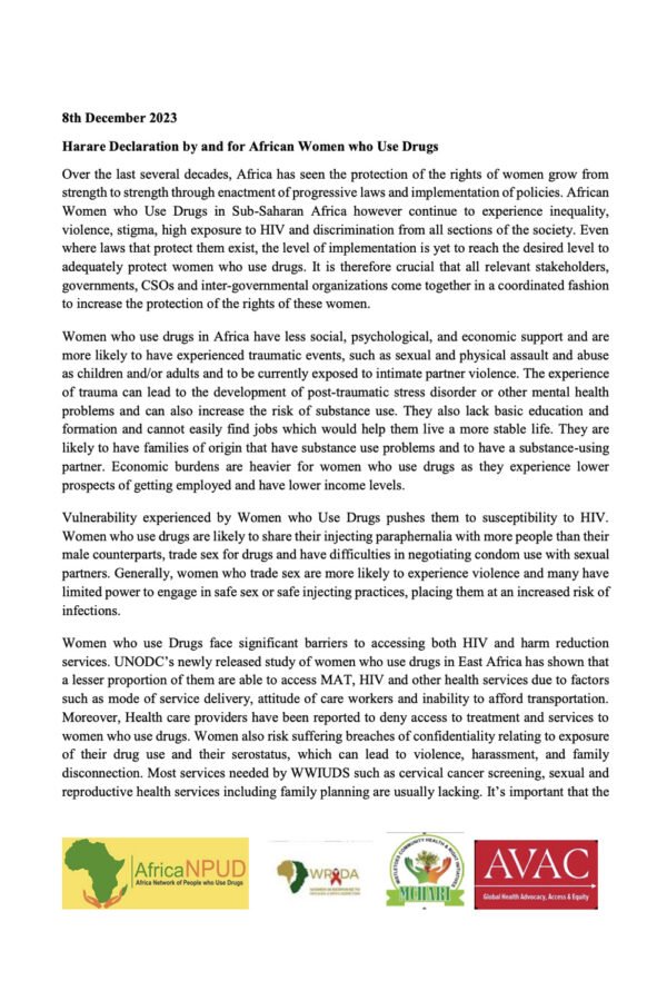 Harare Declaration by and for African Women who Use Drugs
