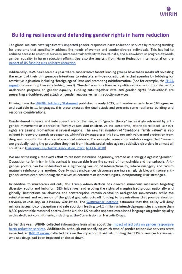 Building resilience and defending gender rights in harm reduction 